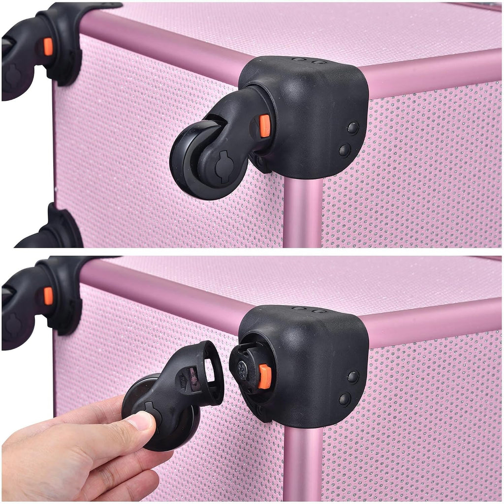 BYOOTIQUE 2in1 Nail Polish Organizer Rolling Makeup Train Case Manicure Cosmetic Trolley Travel Organizer Nail Case with Clear Lid Extendable Trays 4 removable wheels 54 Slots (Pink)
