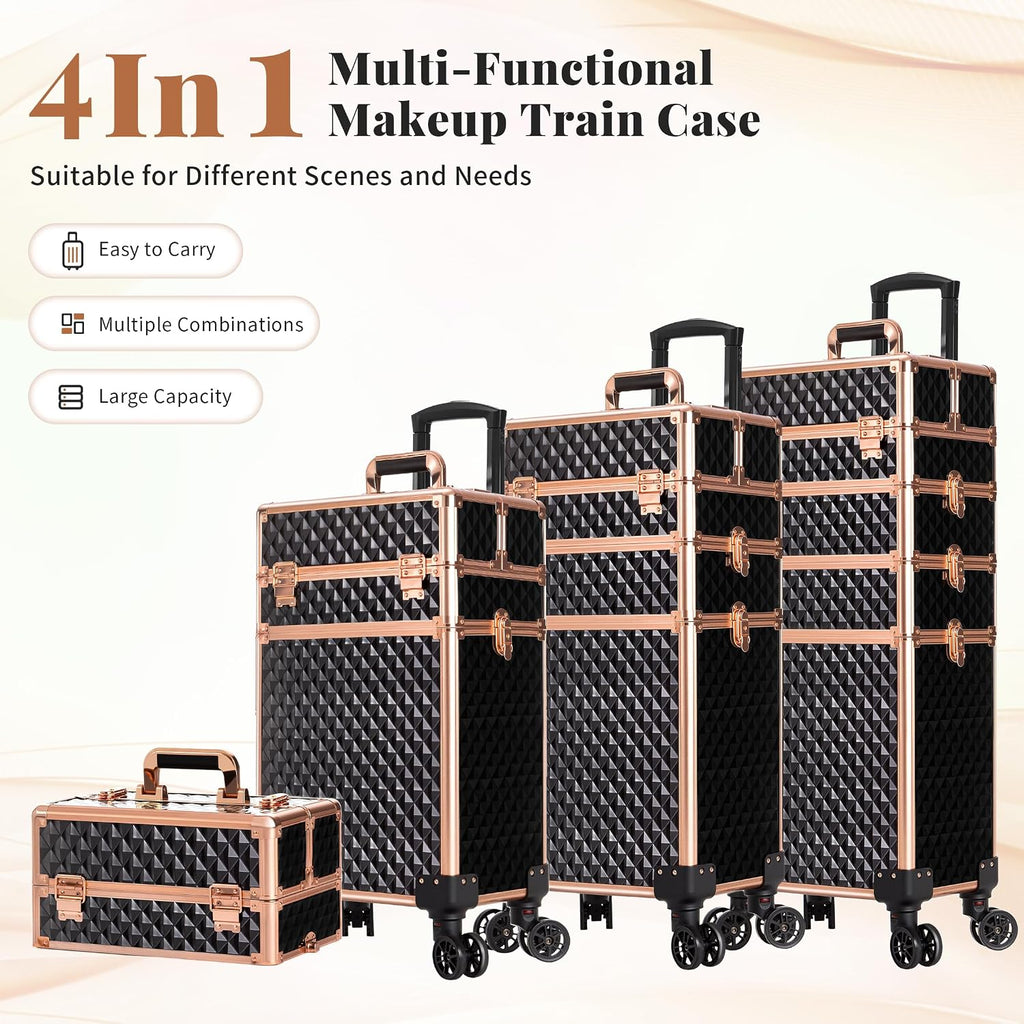 AROUS Rolling Makeup Train Case 4 in 1 Cosmetology Case on Wheels Large Storage Cosmetic Trolley with Key Salon Barber Case Traveling Cart Trunk,Gold&Black