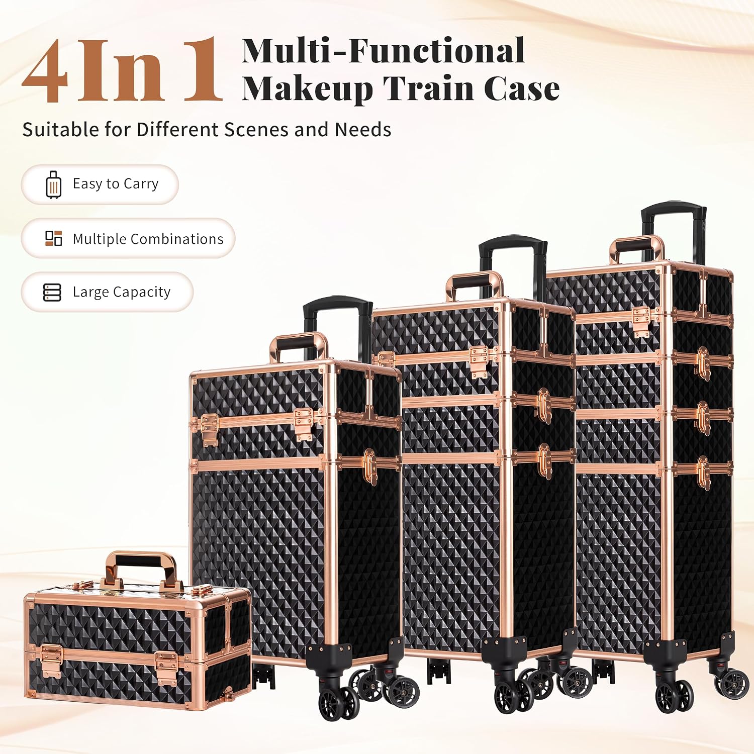 AROUS Rolling Makeup Train Case 4 in 1 Cosmetology Case on Wheels Large Storage Cosmetic Trolley with Key Salon Barber Case Traveling Cart Trunk,Gold&Black