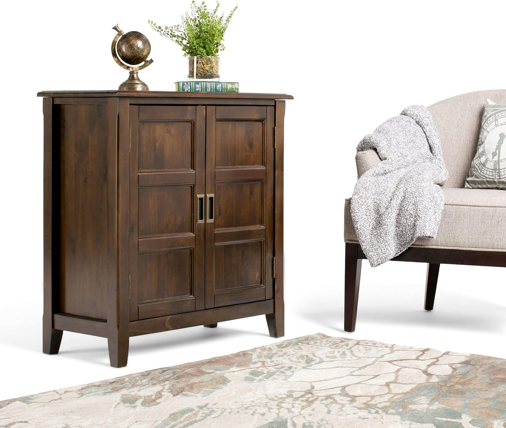 SIMPLIHOME Burlington Storage Cabinet - 30 inch Wide Solid Wood 2 Door Low Storage Unit in Mahogany Brown, Transitional Accent Cabinet for Living Room or Entryway with Adjustable Shelves
