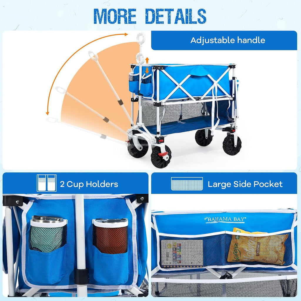Old Bahama Bay 400L Collapsible Double Decker Beach Wagon with Brakes, Folding Beach Cart with 54' Extra Long Decker, 450LBS Heavy Duty Wagon Chart with All-Terrain Big Wheels for Sand Camping Garden