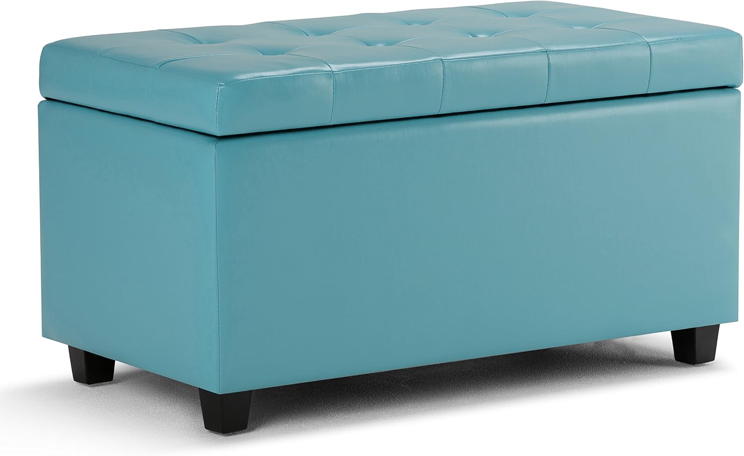 SIMPLIHOME Cosmopolitan Storage Ottoman - 34 inch Wide Upholstered Vegan Leather Rectangle Storage Ottoman Bench in Soft Blue, Transitional Tufted Ottoman for Living Room or Entryway with Lift-Up Lid
