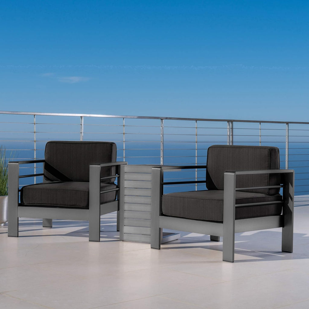 Christopher Knight Home Crested Bay Aluminum Outdoor Chat Set with Water Resistant Cushions, 3-Pcs Set, Grey / Dark Grey