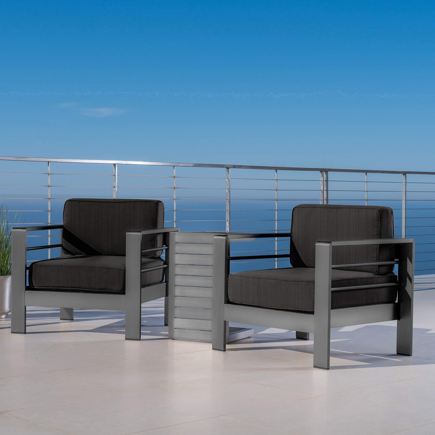Christopher Knight Home Crested Bay Aluminum Outdoor Chat Set with Water Resistant Cushions, 3-Pcs Set, Grey / Dark Grey