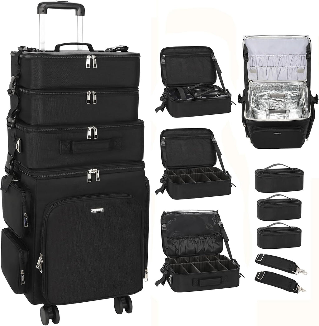 Relavel Rolling Makeup Case, 4 in 1 Hairstylist Traveling Bag Cosmetology Case on Wheels Large Hair Tools Cosmetics Train Case Makeup Artist Storage Organizer Trolley Suitcase with 360° Swivel Wheels
