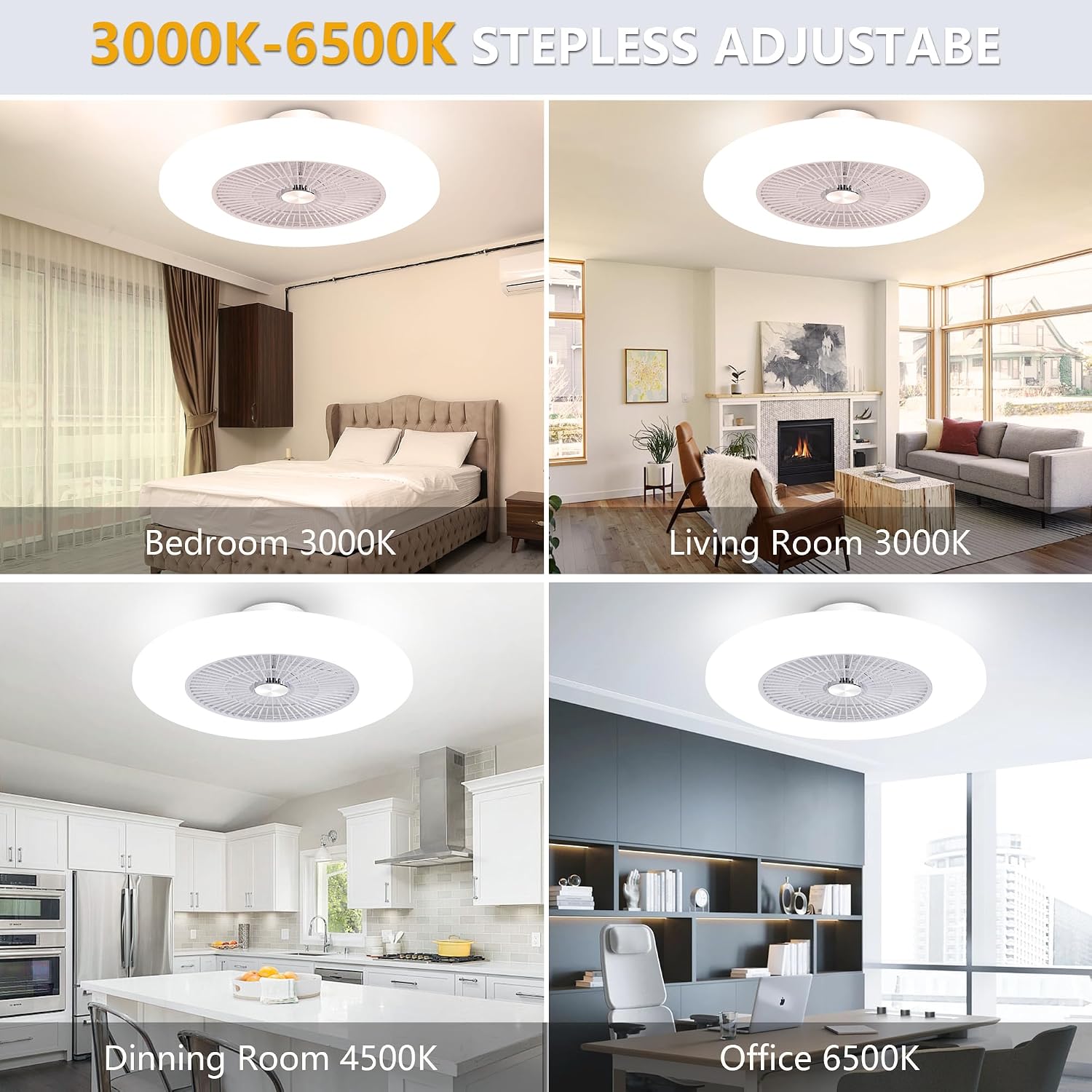 24' Bladeless Low Profile Ceiling Fans with Lights and Remote/APP/Voice Control, Low Profile Ceiling Fan with RGB Lights, Enclosed White