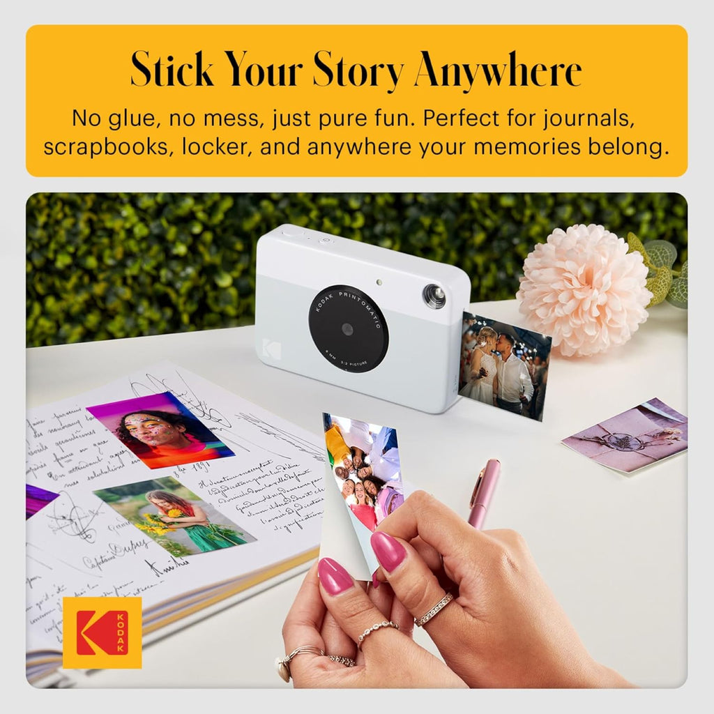 KODAK Printomatic Full-Color Instant Print Camera Gift Bundle + Soft Case + Zink 2x3 Sticky Back Photo Paper 20pk + Album + Sticker Sets + Sticker Frames + Markers + Hanging Frames, Fun Gift - Grey