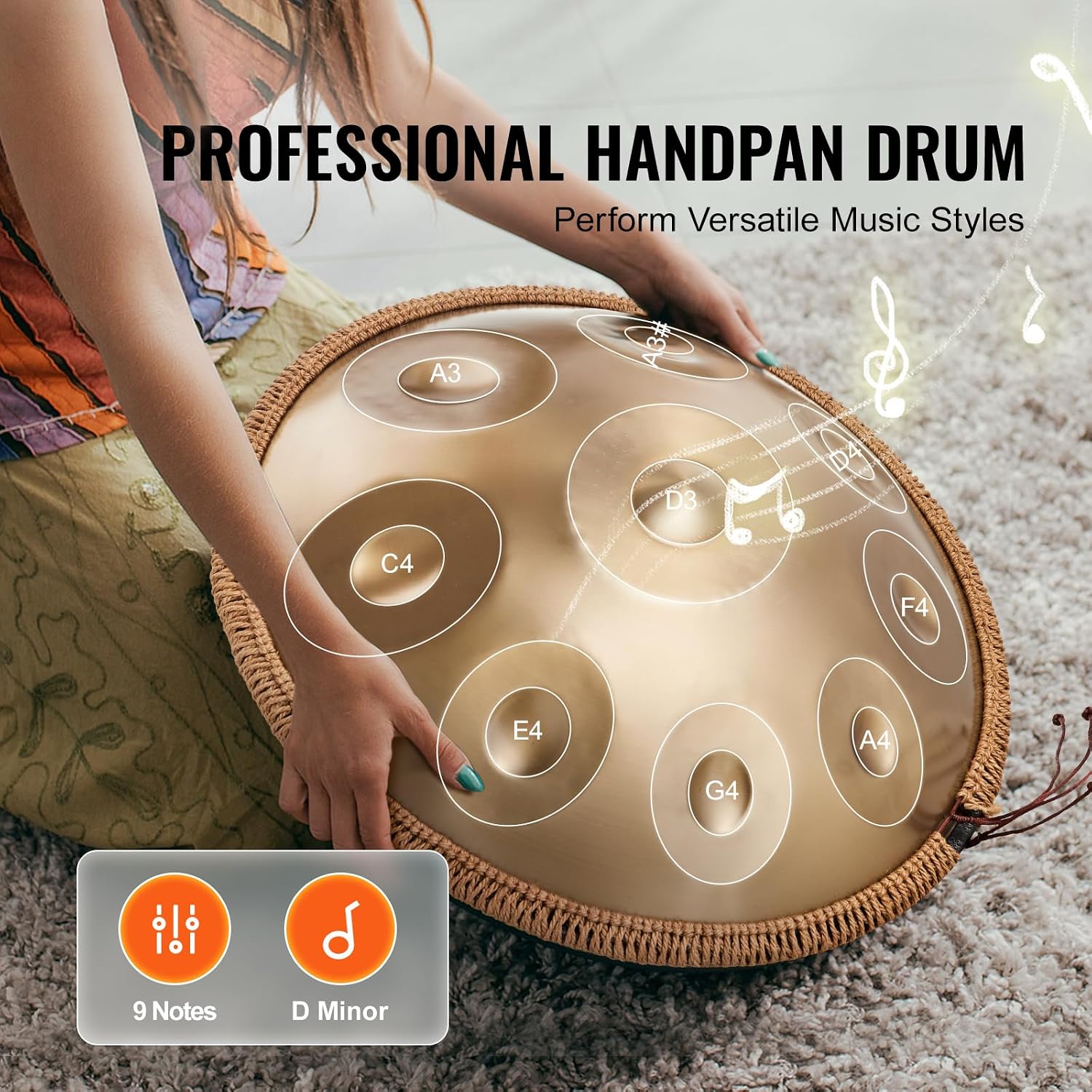 Happybuy Handpan Drum, 22 in & 9 Notes, D Minor, Equipped with Mallets, 440Hz Tuned, with Handpan Stand & Carry Bag, Steel Percussion for Adult Beginners