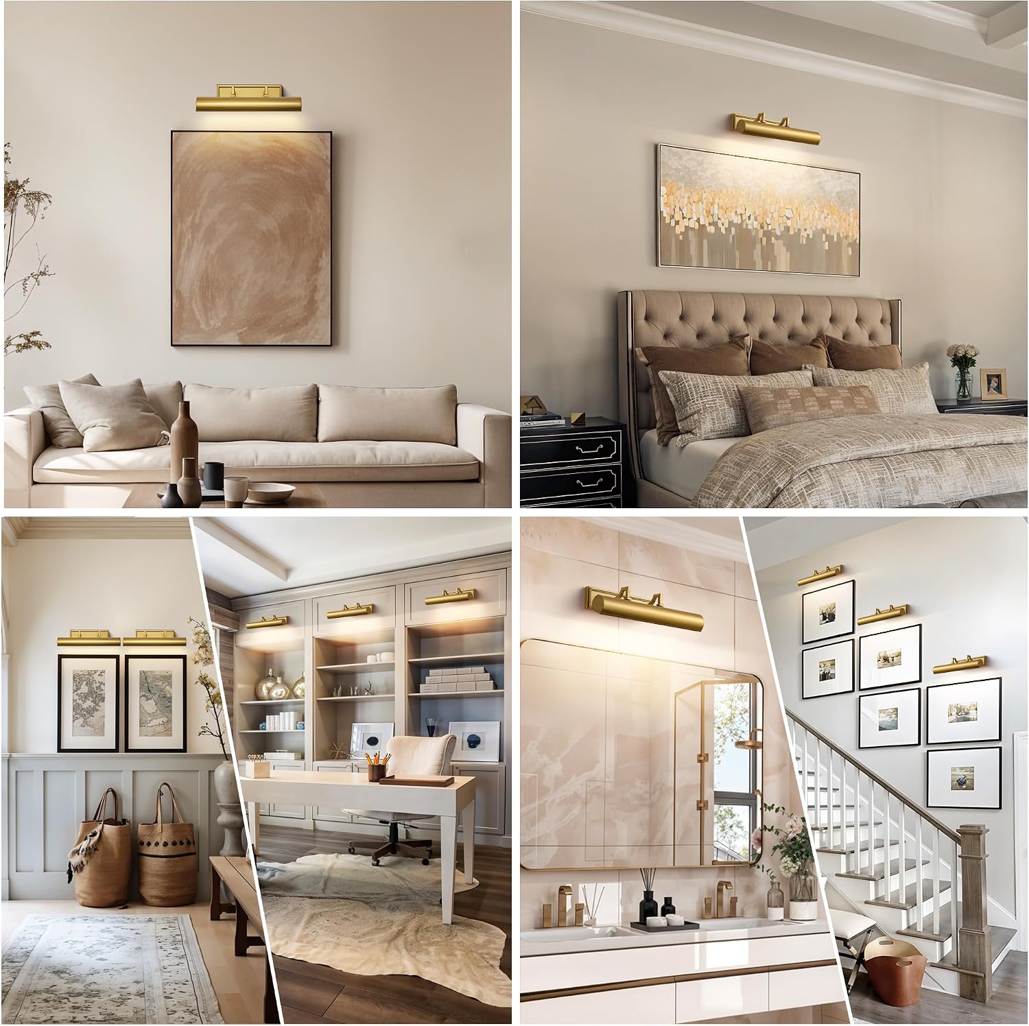 AUDOSY18 Brass Picture Light, 270° Rotatable Gold Wall Sconce Hardwired, 3-Light Vanity Wall Light Over Mirror, Dimmable Picture Art Light for Living Room, Bedroom & Bathroom- Upgrade