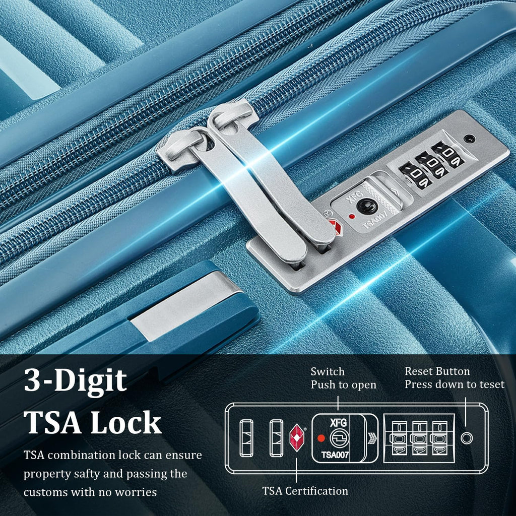 TRAVELEO 4 Piece Luggage Set PP Hardshell, Expandable Suitcase Set (20/24/28) with 14' Cosmetic Case, Lightweight Spinner Wheels with TSA Lock, Detachable Wheels for Nesting Storage (Peacock Blue)