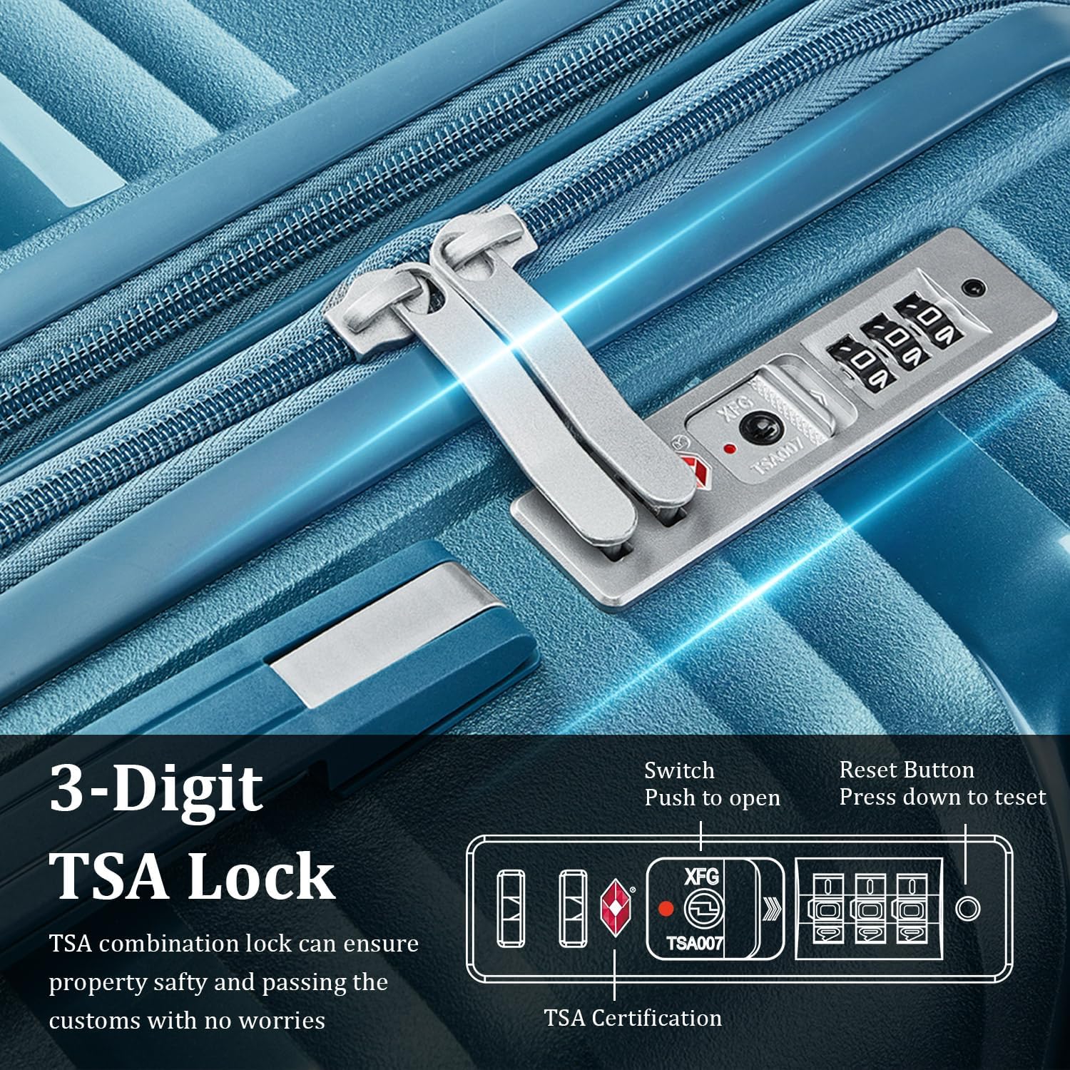TRAVELEO 4 Piece Luggage Set PP Hardshell, Expandable Suitcase Set (20/24/28) with 14' Cosmetic Case, Lightweight Spinner Wheels with TSA Lock, Detachable Wheels for Nesting Storage (Peacock Blue)