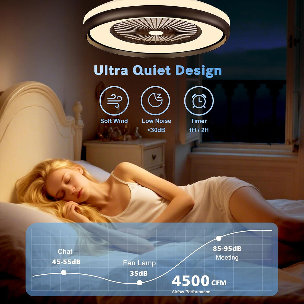 24' Bladeless Ceiling Fan with Light Remote, Low Profile Ceiling Fans with App Control, Smart Modern Ceiling Fans with Lights, 3 Dimmable LED Light for Bedroom, Living Room Back