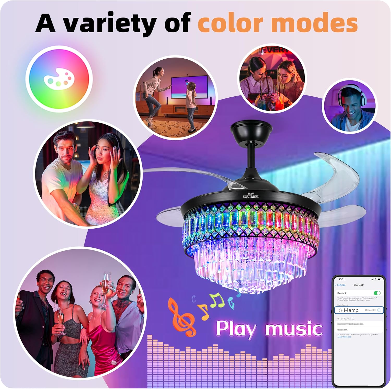 BAYSQUIRREL Retractable Crystal Ceiling Fan with Lights, Bluetooth Ceiling Fan with Speaker, 6-Speed Reversible Blades, RGB-LED Light, Low Profile Modern Fandelier Fan for Bedroom Living Room 42'