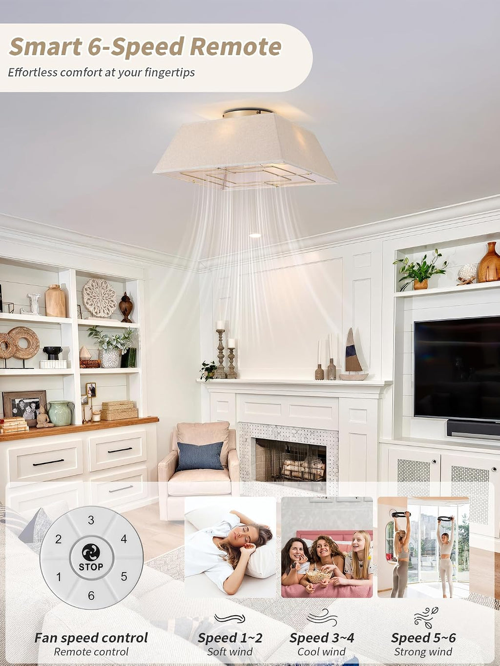 20' Boho Ceiling Fans with Lights Flush Mount, Bladeless Ceiling Fan with Light Remote Control, Square with 6 Speeds for Bedroom, Living Room, Nursery (Yellow)