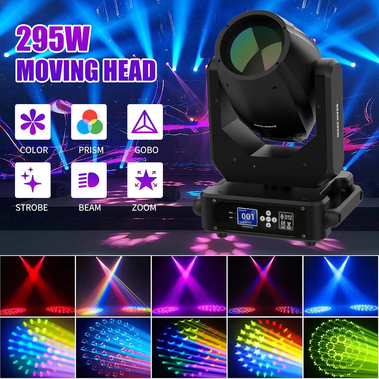 295W Moving Head Dj Lights,10R Beam Effect,14 Gobos,14 Colors,2 Prisms,Linear Zoom,Frost & Rainbow Wheel, Stage Lighting DJ Spotlights for Party, Disco, KTV, Stage Shows, Live Show (295B)
