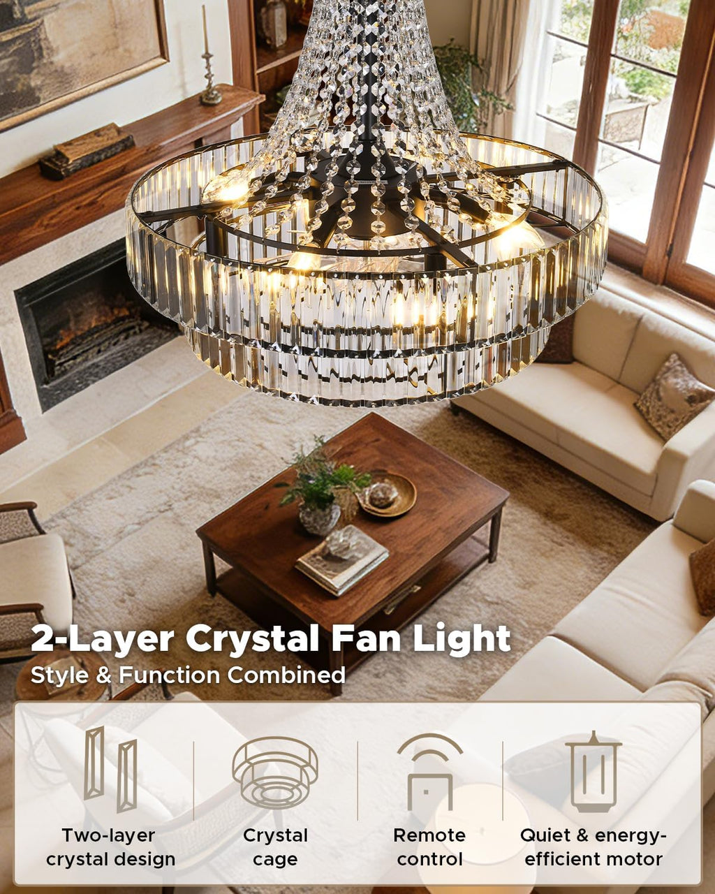24 Inch Crystal Caged Double Layer Fandelier, Large Modern Chandelier Ceiling Fan with Light and Remote, Luxury Fandelier for Living Room, Bedroom, Reversible DC Motor, Height-Adjustable (Black)