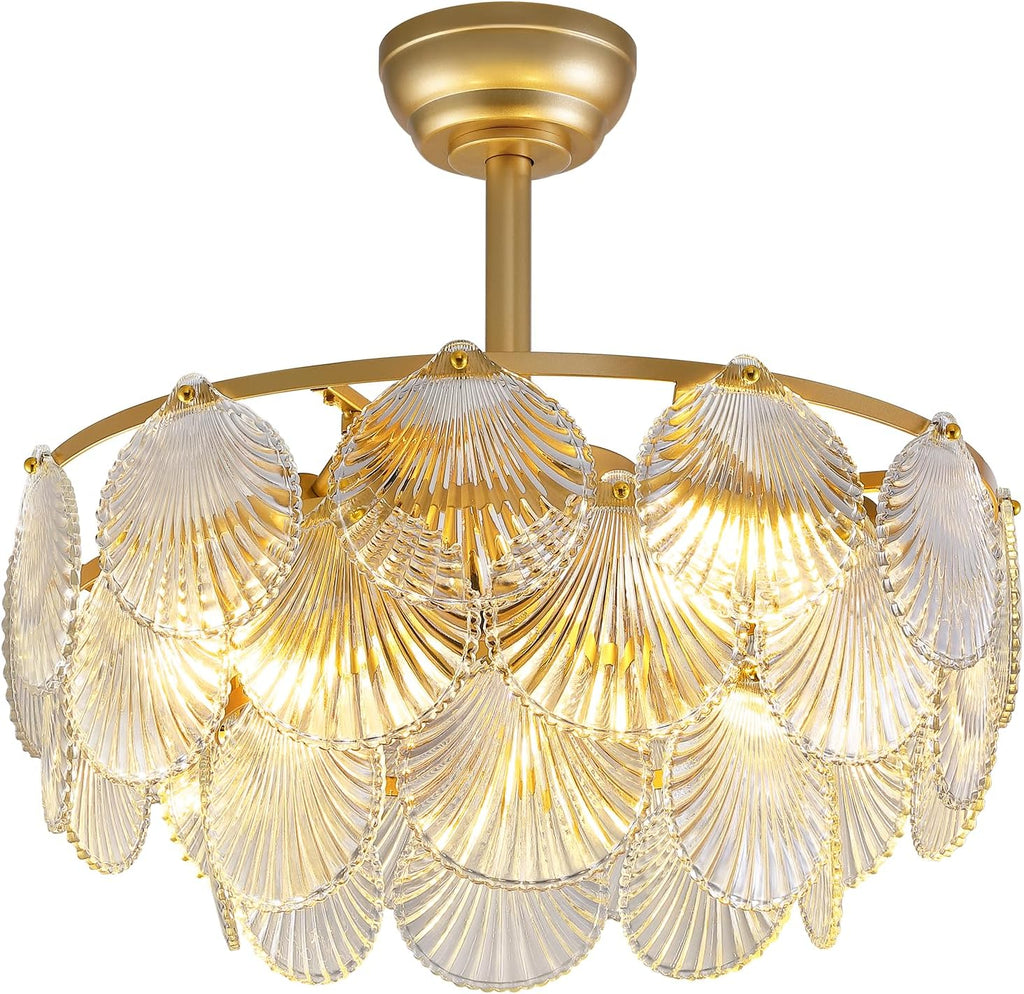 NOXARTE 22 Inch Crystal Ceiling Fan with Light, Multi-Tier Shell Cloud Glass Metal Caged Ceiling Fan Remote Control Modern Gold Fandelier Reverse Motor 6 Speeds Chandelier Fan for Living Room Bedroom