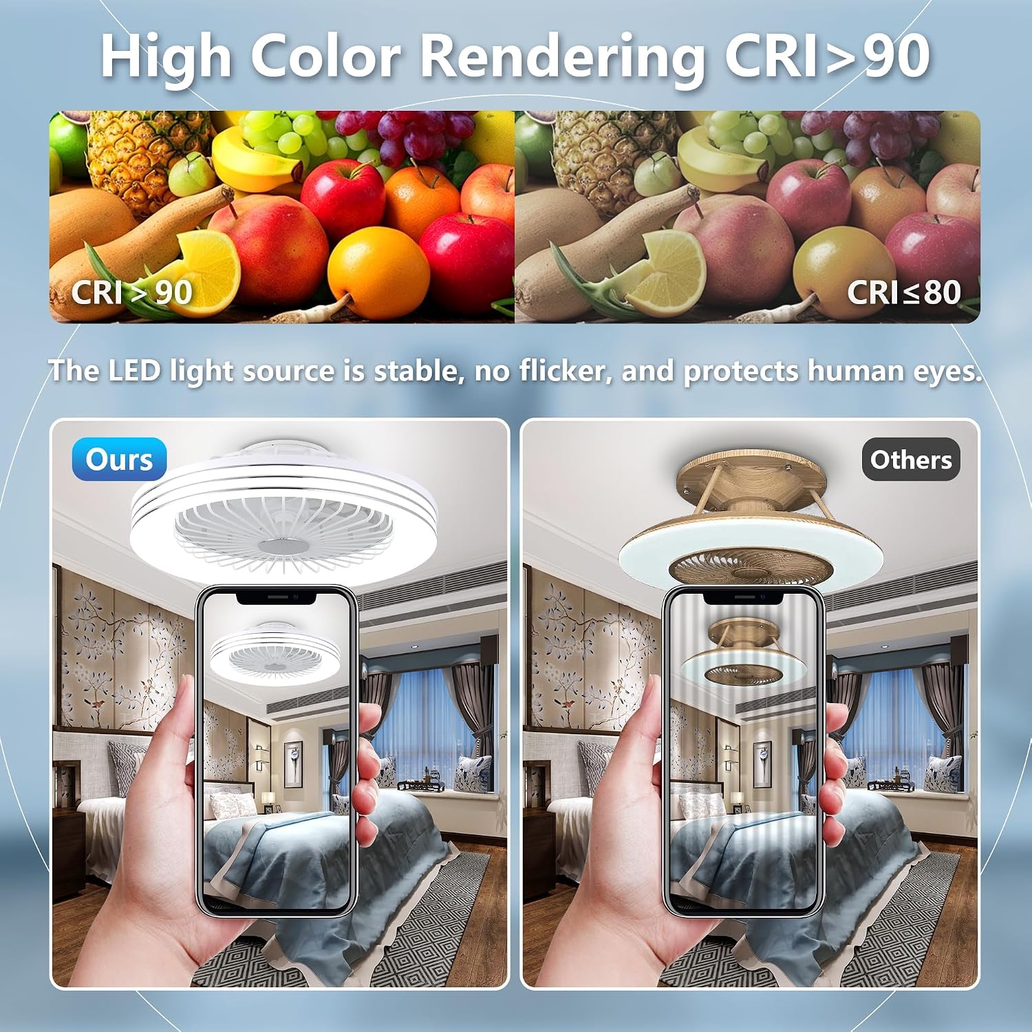 24' Low Profile Bladeless Ceiling Fan with Light, Enclosed Flush Mount Remote/APP Control, 3CCT Dimmable Light, Quiet 6 Speeds Timing Reversible