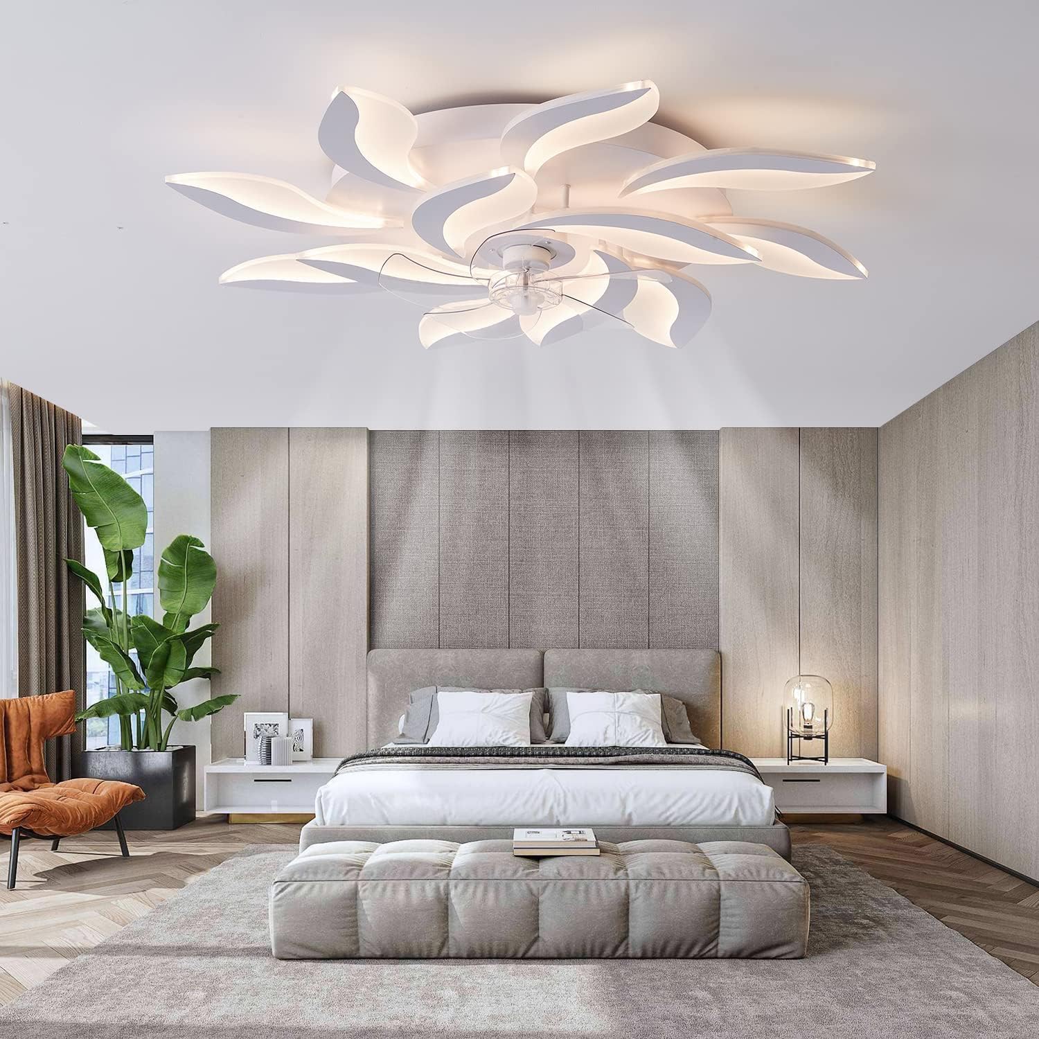39' Modern Ceiling Fan with Lights and Remote Control, 3 Color temperatures Dimmable 6 Gear Wind Speed, LED Flush Mount Low Profile Fan Light,Bladeless Ceiling Fan with Smart Timing 120W