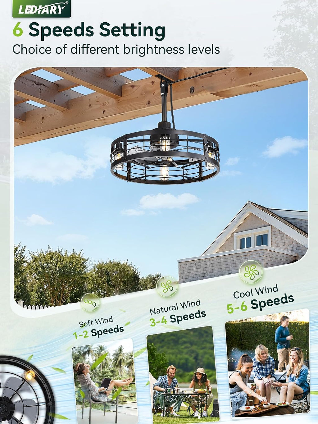 LEDIARY 22' Outdoor Ceiling Fans with Light, Waterproof Gazebo Fan with Hanging Hook, Plug in Ceiling Fan with Remote,Caged Ceiling Fan with 6 Speed Timer for Patio, Porch, Pergola, Black