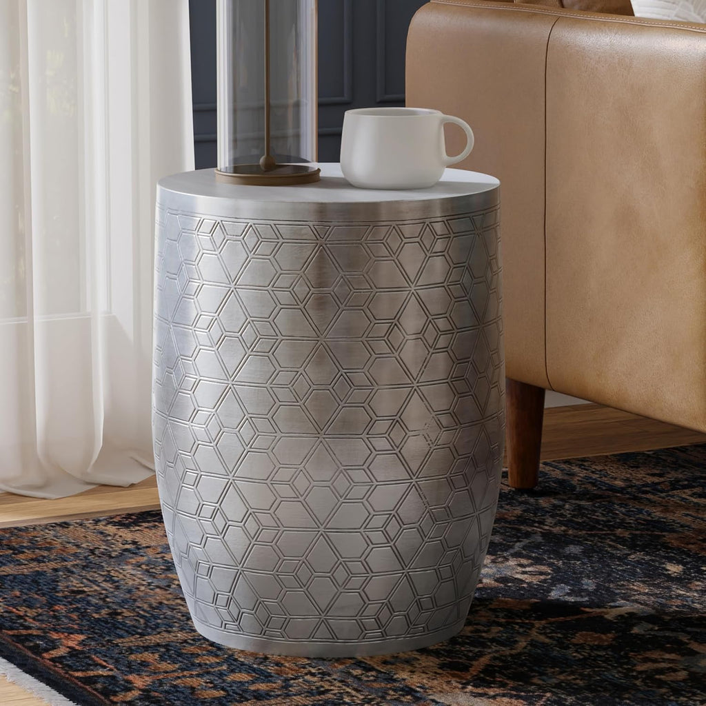 SIMPLIHOME Johnsen Metal Table - 15 inch Wide Solid Iron Round Accent Table in Antique Silver, Boho Side or End Table for Living Room or Bedroom with Etched Geometric Pattern, Assembled