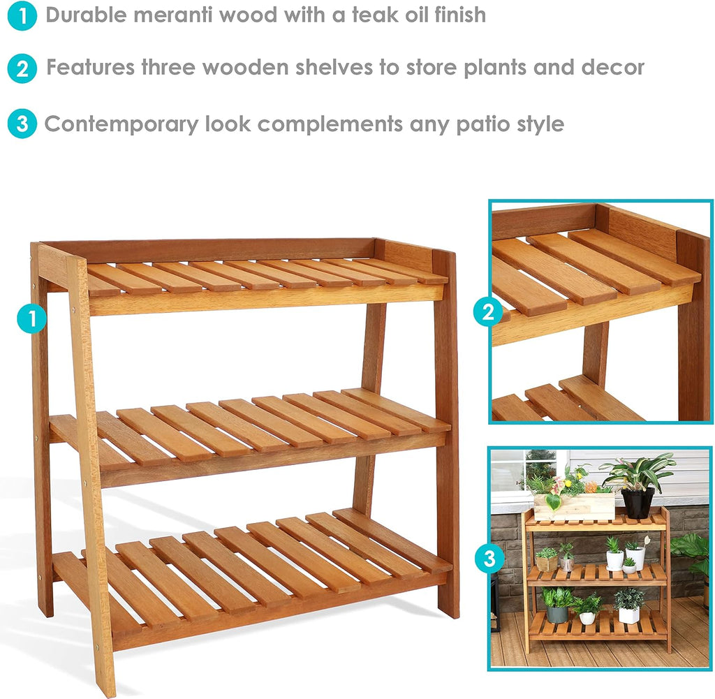 Sunnydaze Outdoor Meranti Wood 3-Tiered Garden Shelf with Teak Oil Finish