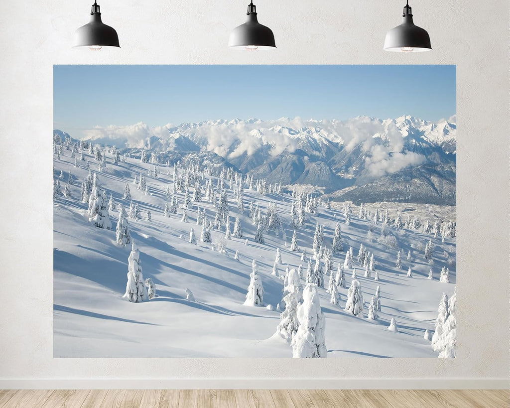 Trykid 20x10ft Snow Covered Mountain Backdrop Pristine White Slopes Frosted Evergreen Trees Clear Blue Sky Photography Background Winter Sports Event Party Decoration Photo Booth Prop Fabric