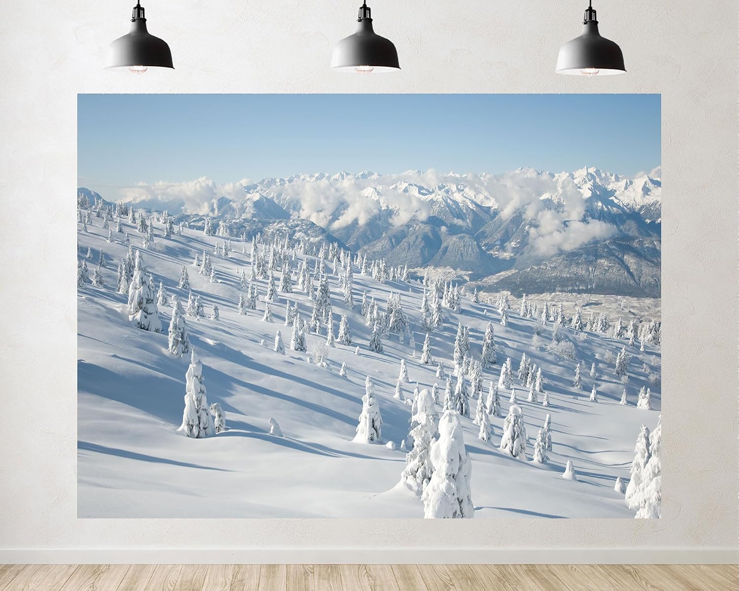 Trykid 20x10ft Snow Covered Mountain Backdrop Pristine White Slopes Frosted Evergreen Trees Clear Blue Sky Photography Background Winter Sports Event Party Decoration Photo Booth Prop Fabric
