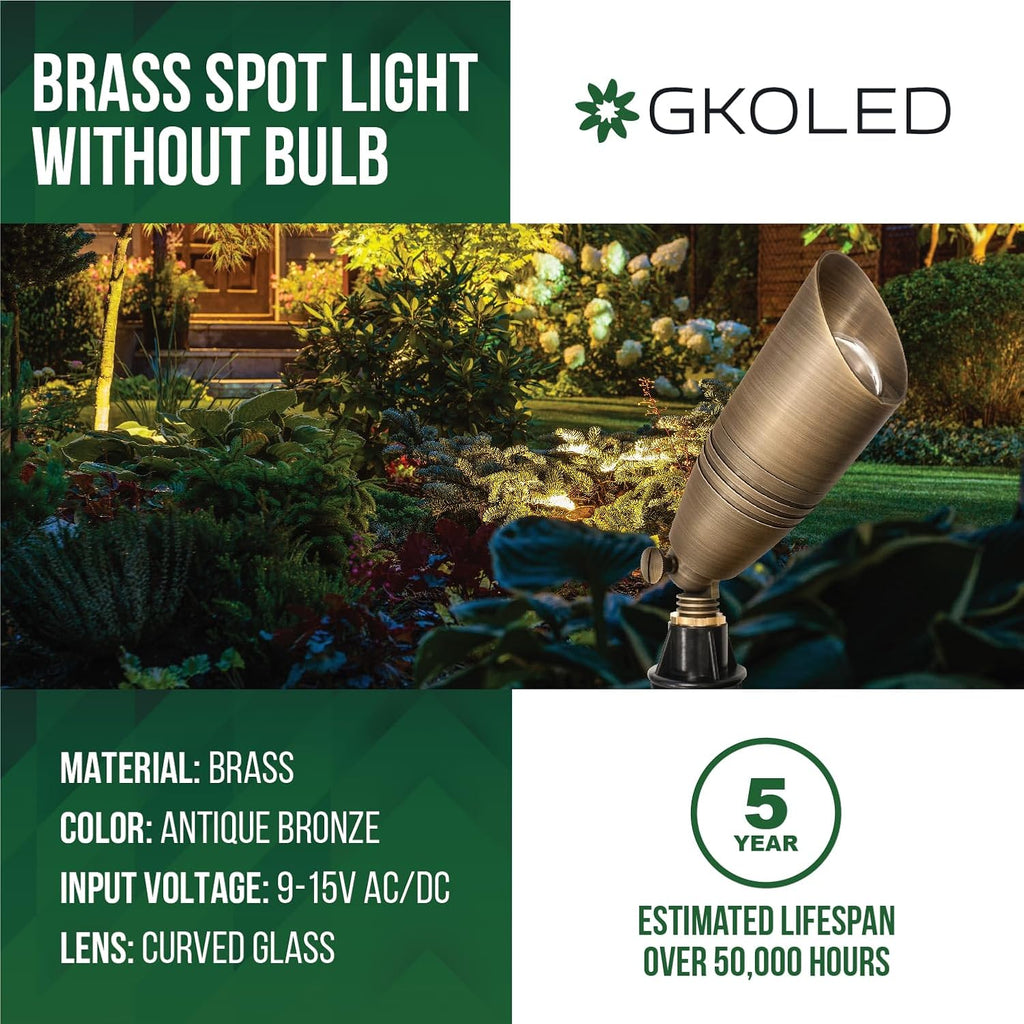 GKOLED 6 Pack Solid Brass Landscape Spotlight, 12V AC/DC Outdoor Low Voltage Landscape Lights, Garden Patio Trees Spot Up Light, Directional LED Uplight Waterproof Fixture with ABS Spike, No MR16 Bulb