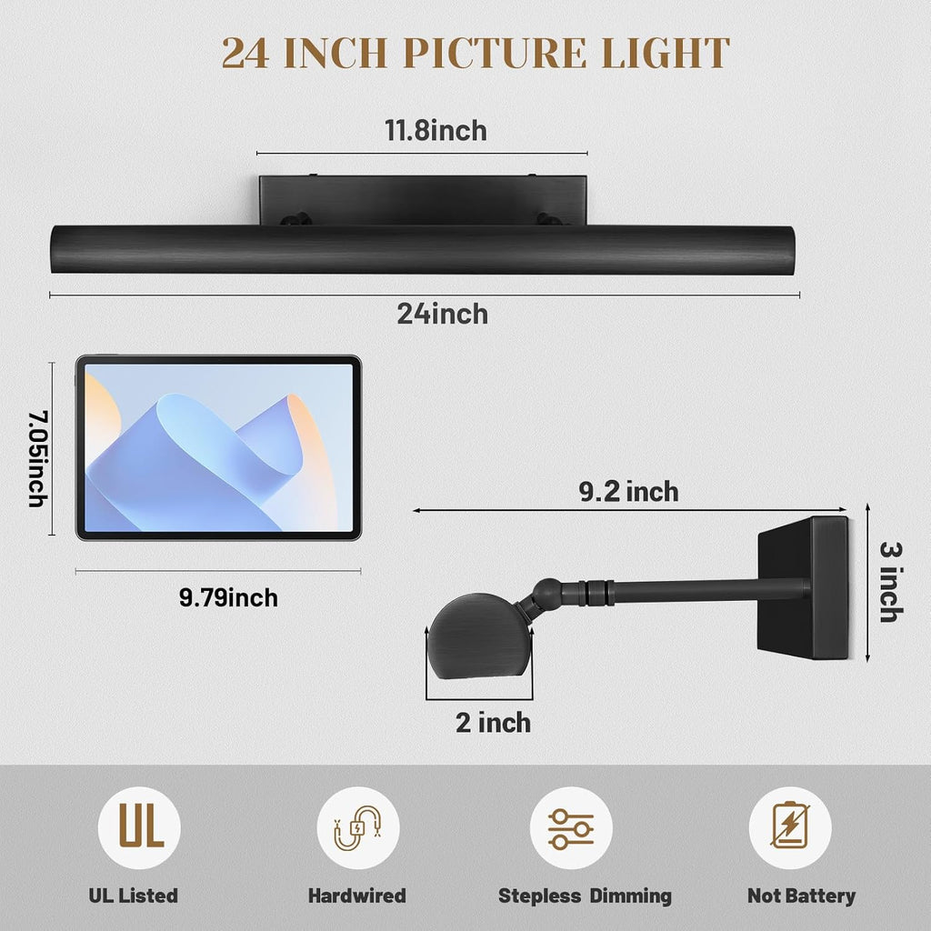 Matte Black Picture Lights for Wall, 24' Art Light Hardwired, 3-Light Bronze Gallery Light, Warm White 2700k Dimmable Picture Frame Lights, 270° Vanity Light for Bathroom, Living Room, Hallway