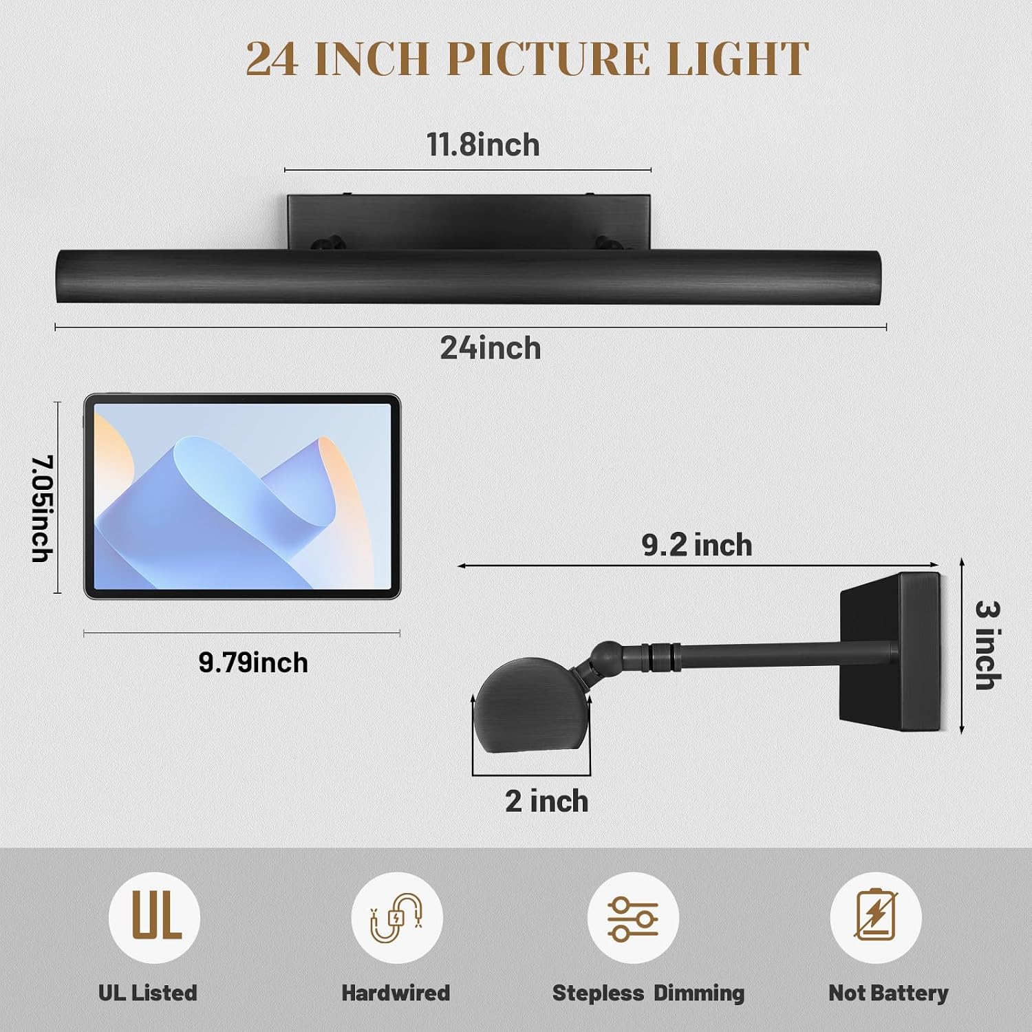 Matte Black Picture Lights for Wall, 24' Art Light Hardwired, 3-Light Bronze Gallery Light, Warm White 2700k Dimmable Picture Frame Lights, 270° Vanity Light for Bathroom, Living Room, Hallway