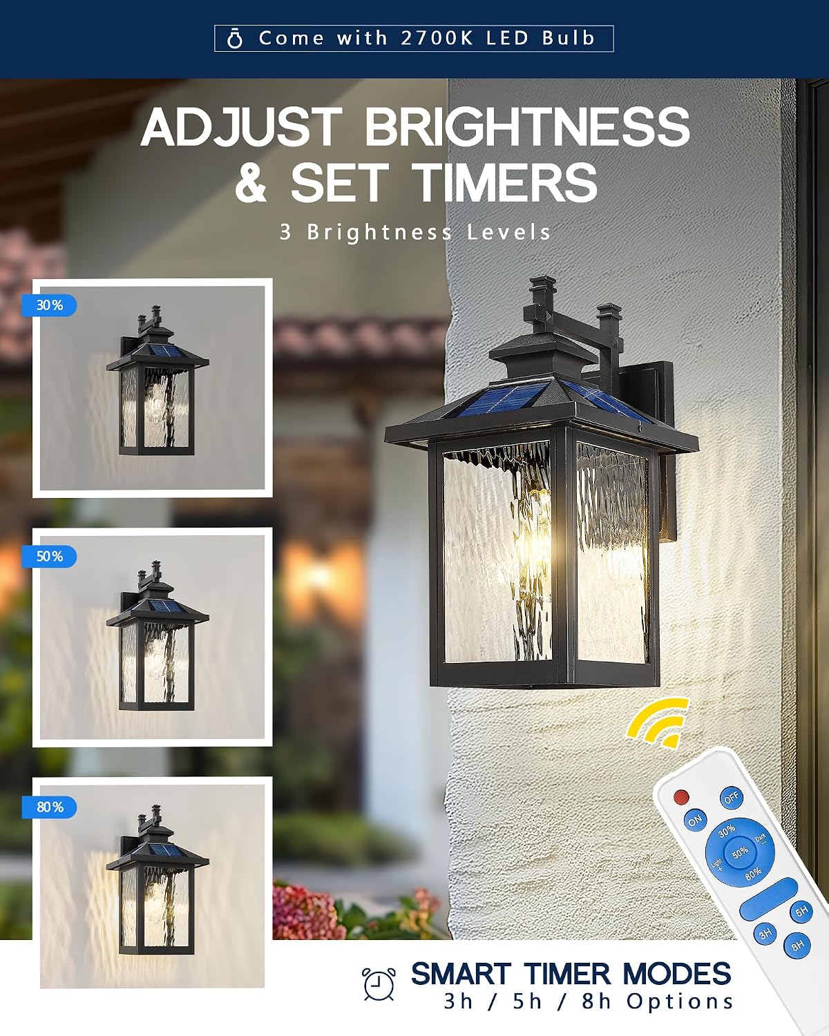 FEMILA Solar Outdoor Wall Lights Exterior, Modern Solar Lights for House | 16.7', 2700K bulb included, aluminum glass body, dusk to dawn, dimmable, up to 12h runtime, timer settings, industrial style