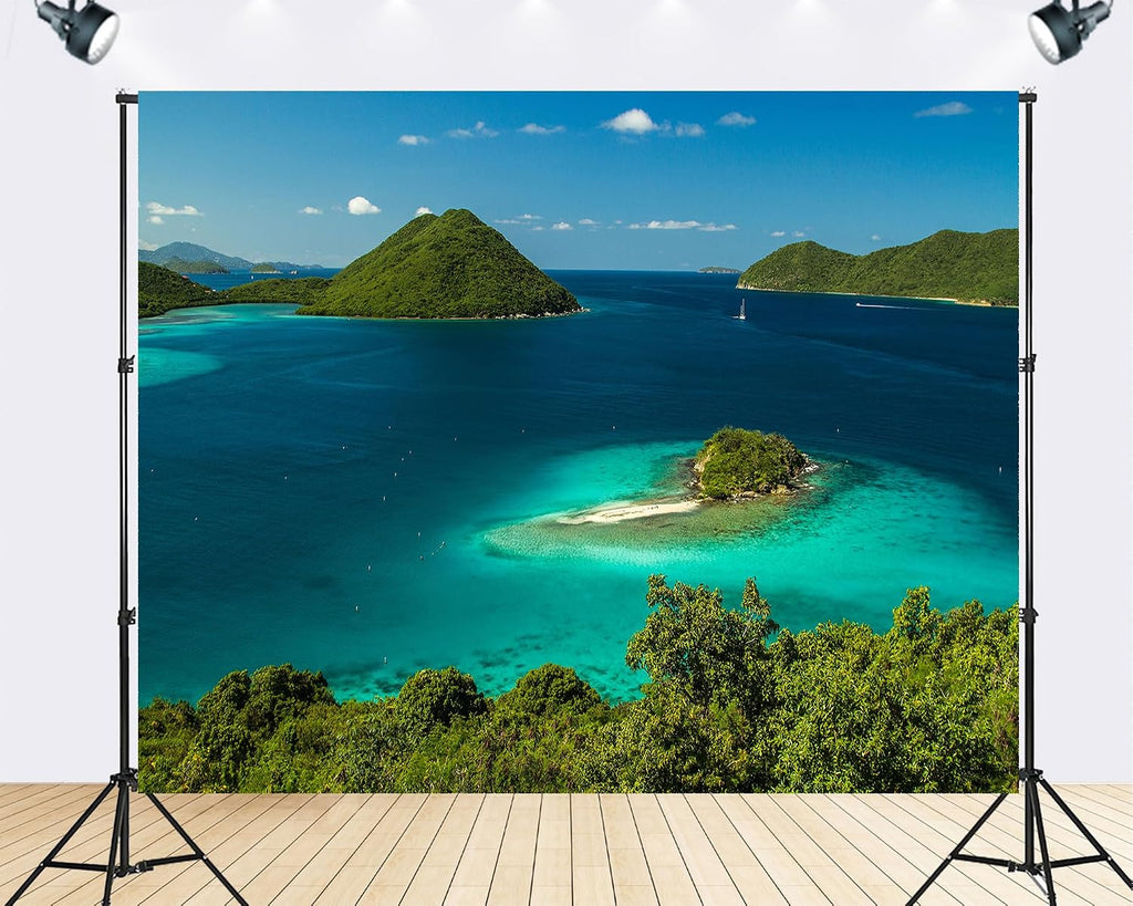 Trykid 20x10ft Turquoise Lagoon Green Islands Backdrop Tropical Paradise Clear Water Photography Background Vacation Travel Adventure Shoot Tapestry Party Decoration Photo Studio Prop Fabric