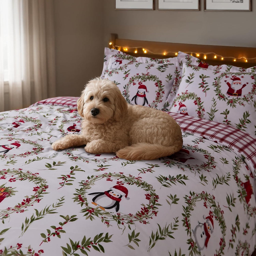 Levtex Home - Pine & Plaid Comforter Set - Full/Queen Comforter (90x94in.) + Two Shams (20x26in.) - Holiday Wreaths - White Red Green - Reversible - Polyester
