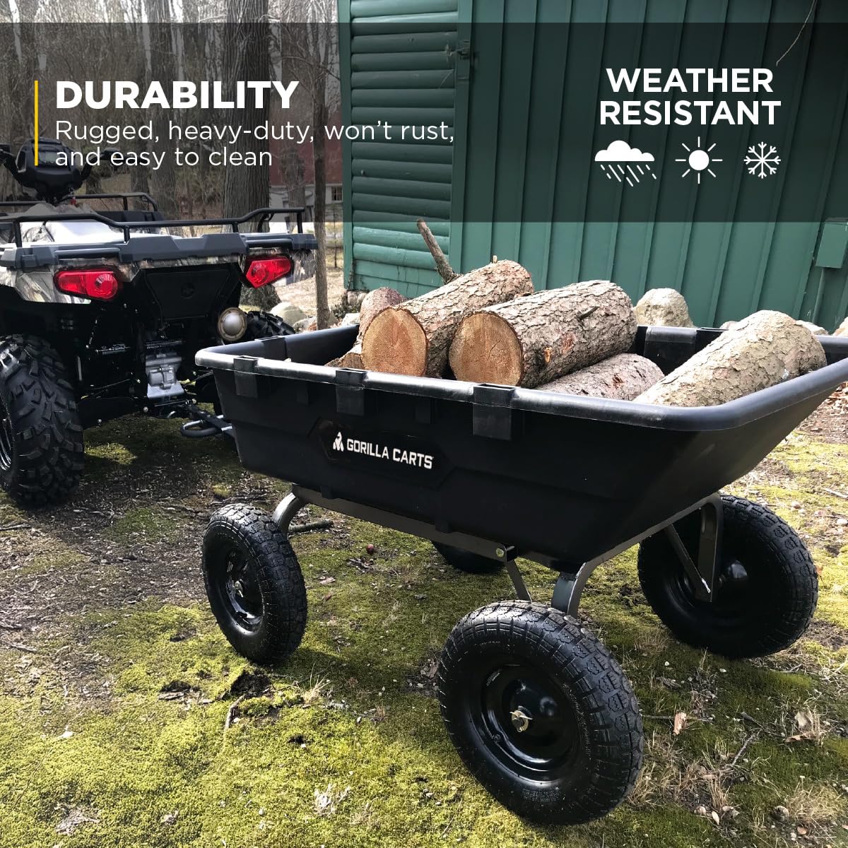 Gorilla Carts Heavy-Duty Poly Yard Dump Cart, 10 Cu Ft Tub, 1500 lb Haul Capacity, Black – Towable Utility Wagon with Quick-Release Dumping & Pneumatic Tires for Landscaping and Gardening