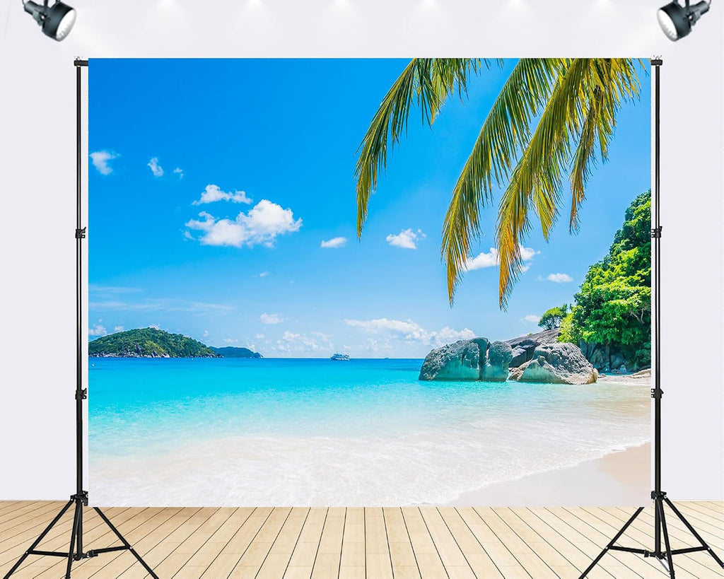 Trykid 20x10ft Tropical Beach Paradise Backdrop Turquoise Ocean White Sand Palm Fronds Clear Blue Sky Photography Background Vacation Getaway Tapestry Party Decoration Photo Studio Prop Fabric