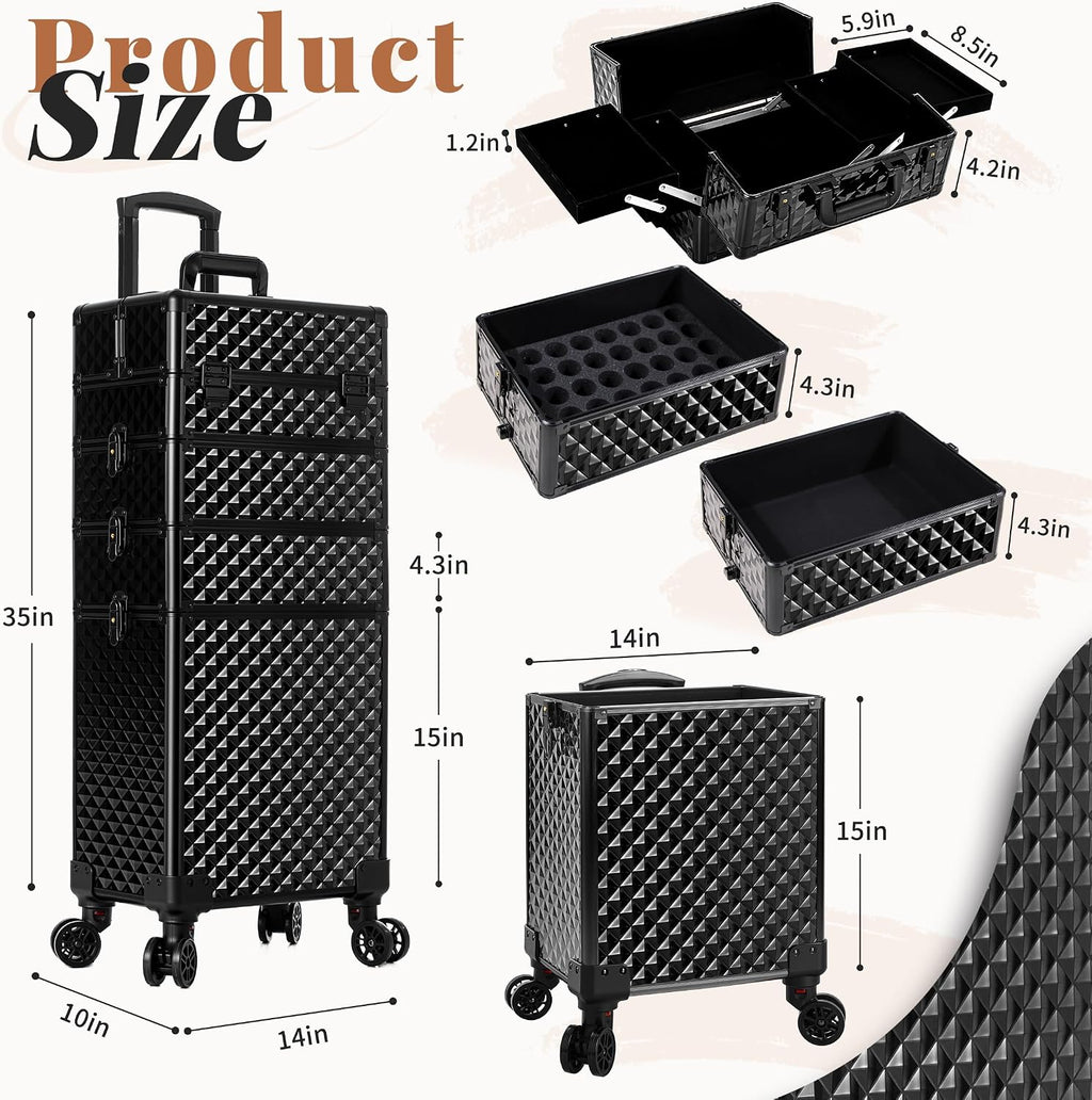 AROUS Rolling Makeup Train Case 4 in 1 Cosmetology Case on Wheels Large Storage Cosmetic Trolley with Key Salon Barber Case Traveling Cart Trunk, Black