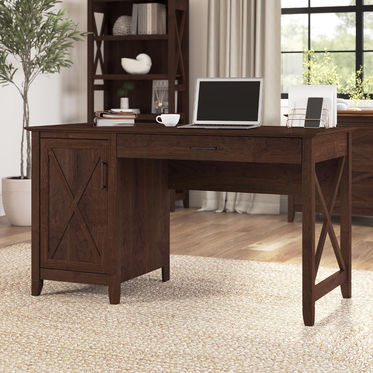 Bush Home Key West Computer Desk with Storage | Farmhouse PC Table for Home Office in Bing Cherry | 54W x 24D