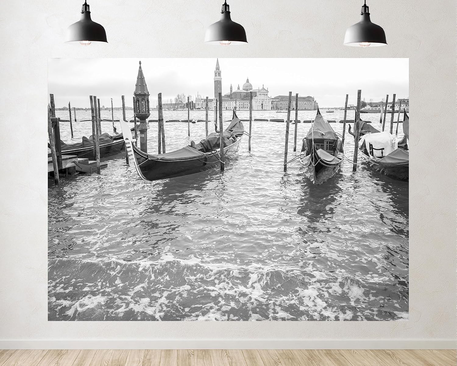 Trykid 20x10ft Monochrome Gondolas Wooden Poles Distant Church Backdrop Timeless Venetian Waterfront Scene Photography Background Home Decoration Party Decoration Photo Booth Prop Fabric