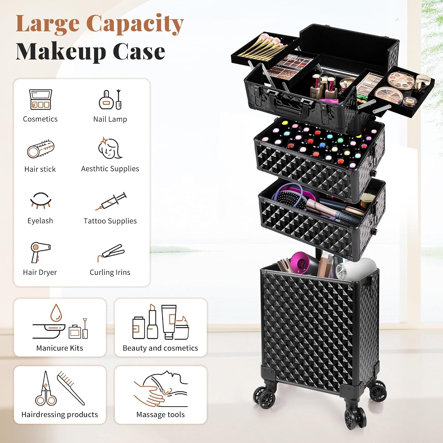 AROUS Rolling Makeup Train Case 4 in 1 Cosmetology Case on Wheels Large Storage Cosmetic Trolley with Key Salon Barber Case Traveling Cart Trunk, Black
