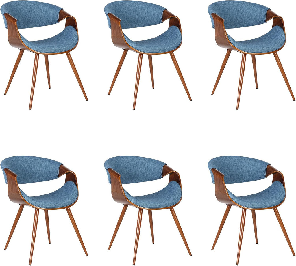 Armen Living Butterfly Mid-Century Dining Chair in Walnut Finish and Blue Fabric - Set of 6