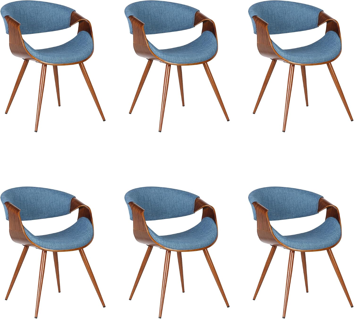 Armen Living Butterfly Mid-Century Dining Chair in Walnut Finish and Blue Fabric - Set of 6