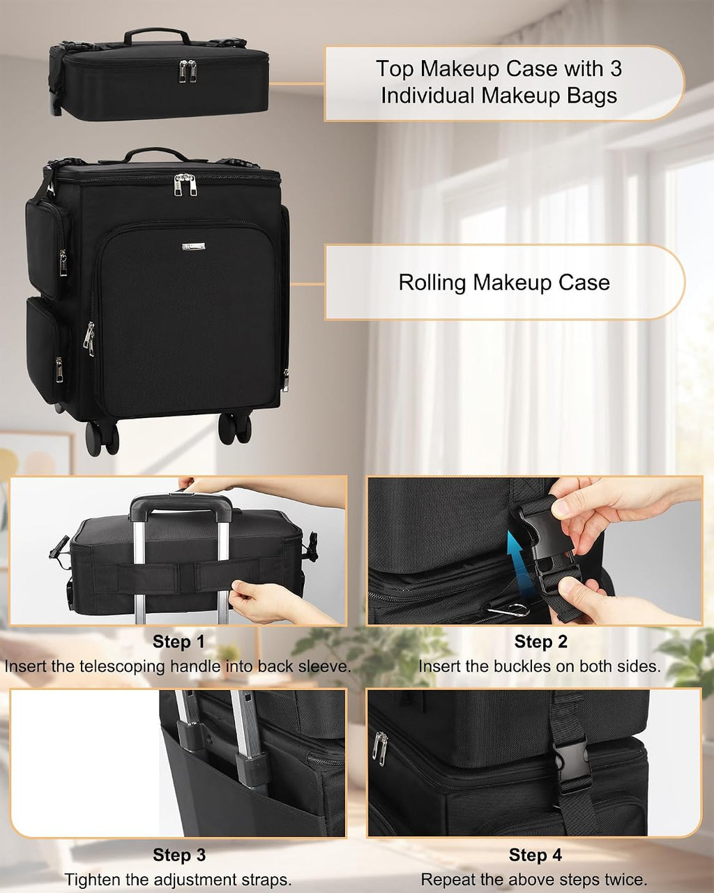 Relavel Rolling Makeup Case, 2 in 1 Hairstylist Traveling Bag Cosmetology Case on Wheels Large Hair Tools Cosmetics Train Case Makeup Artist Storage Organizer Trolley Suitcase with 360° Swivel Wheels