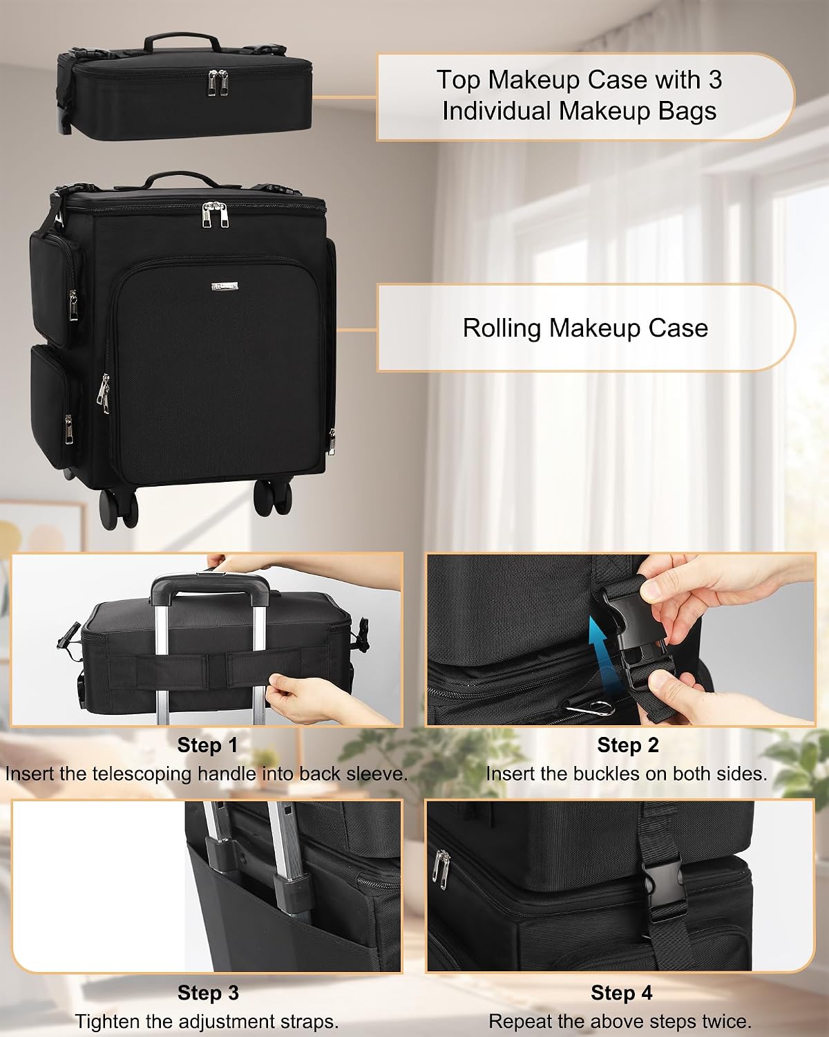 Relavel Rolling Makeup Case, 2 in 1 Hairstylist Traveling Bag Cosmetology Case on Wheels Large Hair Tools Cosmetics Train Case Makeup Artist Storage Organizer Trolley Suitcase with 360° Swivel Wheels