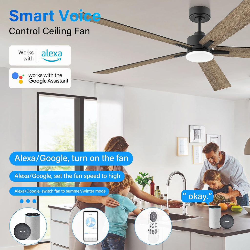 72' Large Smart Ceiling Fan with Lights Remote,Silent DC Motor,Control via WIFI Alexa Google App,Outdoor Indoor Modern Ceiling Fans for Living Room Kitchen Patio,5 Blades in Black & Walnut Brown
