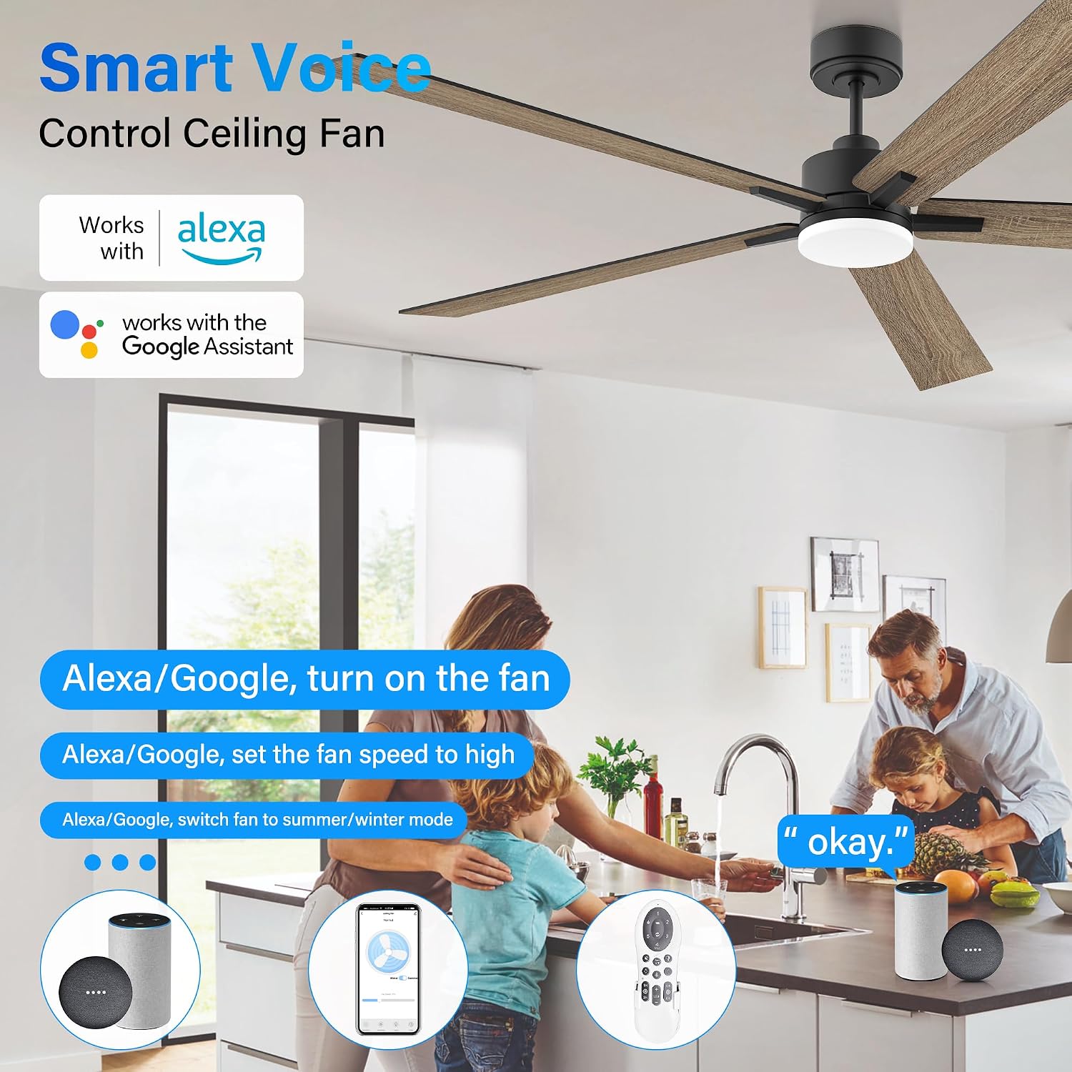 72' Large Smart Ceiling Fan with Lights Remote,Silent DC Motor,Control via WIFI Alexa Google App,Outdoor Indoor Modern Ceiling Fans for Living Room Kitchen Patio,5 Blades in Black & Walnut Brown