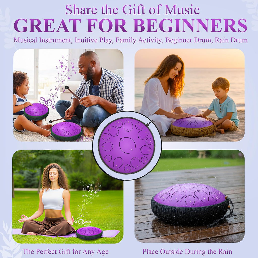 Steel Tongue Drum 14 inch with Carry Case, harmonic lotus 15 Note C-Tuned – Includes 2 Soft Mallets & Instruction Booklet – Ideal for Meditation, Sound Healing, and Relaxation - Red