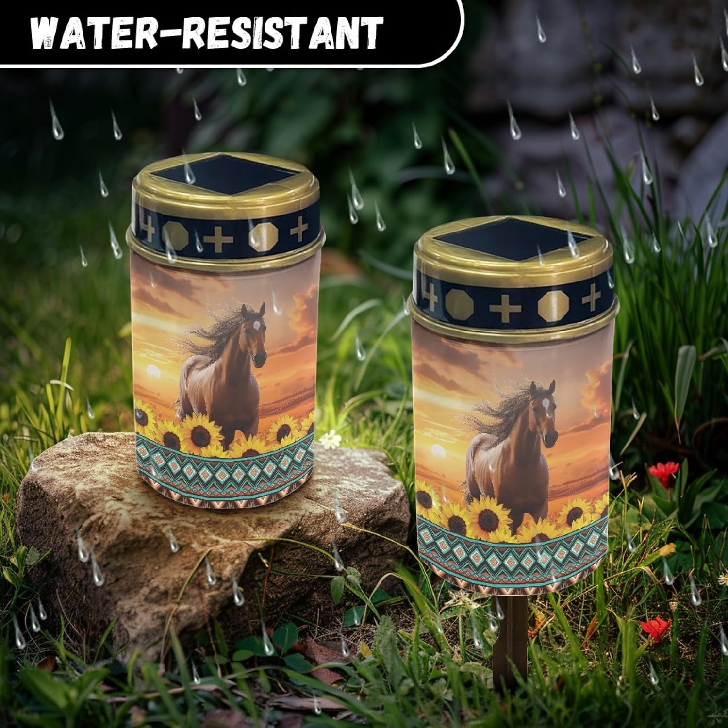 Western Aztec Horse Solar Light for Garden Yard,Horse Solar Pathway Lights Outdoor Waterproof Landscape Lighting Solar Lantern Flameless Warm White Lights Sunflower
