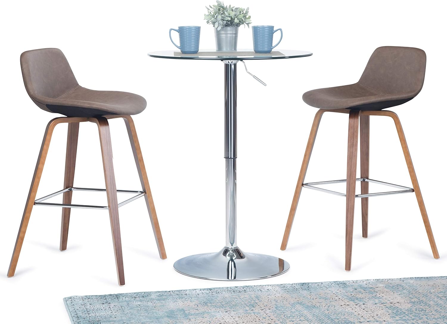 SIMPLIHOME Randolph Counter Stools (Set of 2) - 28 Inch Seat Height Upholstered Bentwood Kitchen Seats in Distressed Chocolate Brown Vegan Faux Leather, Mid Century Modern Seating with Chrome Footrest