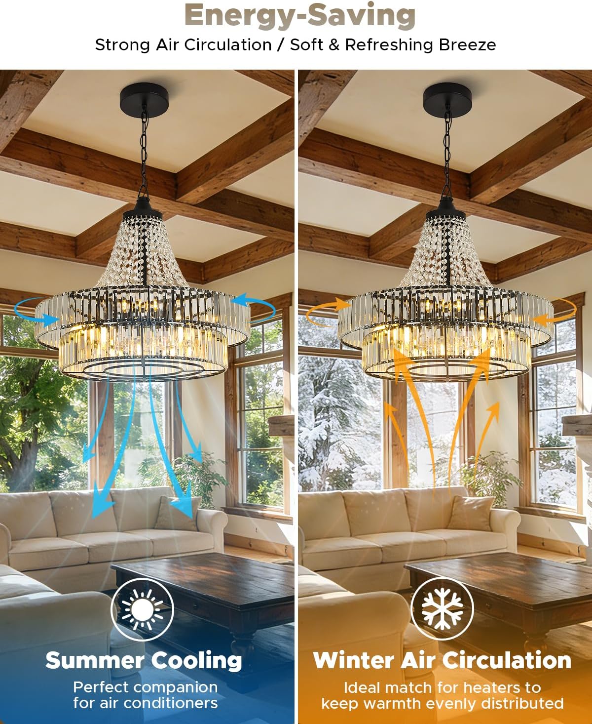 24 Inch Crystal Caged Double Layer Fandelier, Large Modern Chandelier Ceiling Fan with Light and Remote, Luxury Fandelier for Living Room, Bedroom, Reversible DC Motor, Height-Adjustable (Black)
